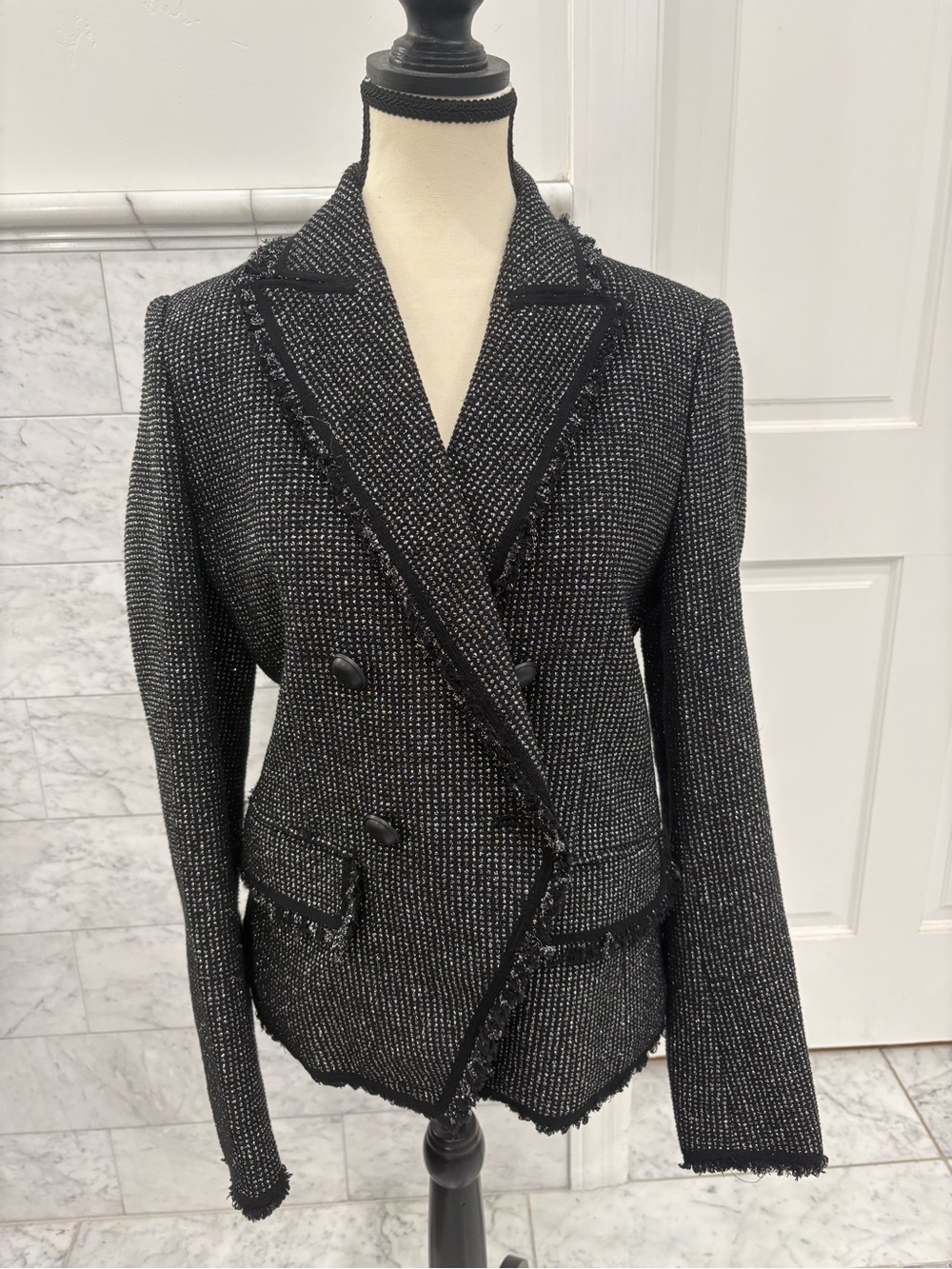 Veronica Beard Metallic Black Tweed Double-Breasted Blazer